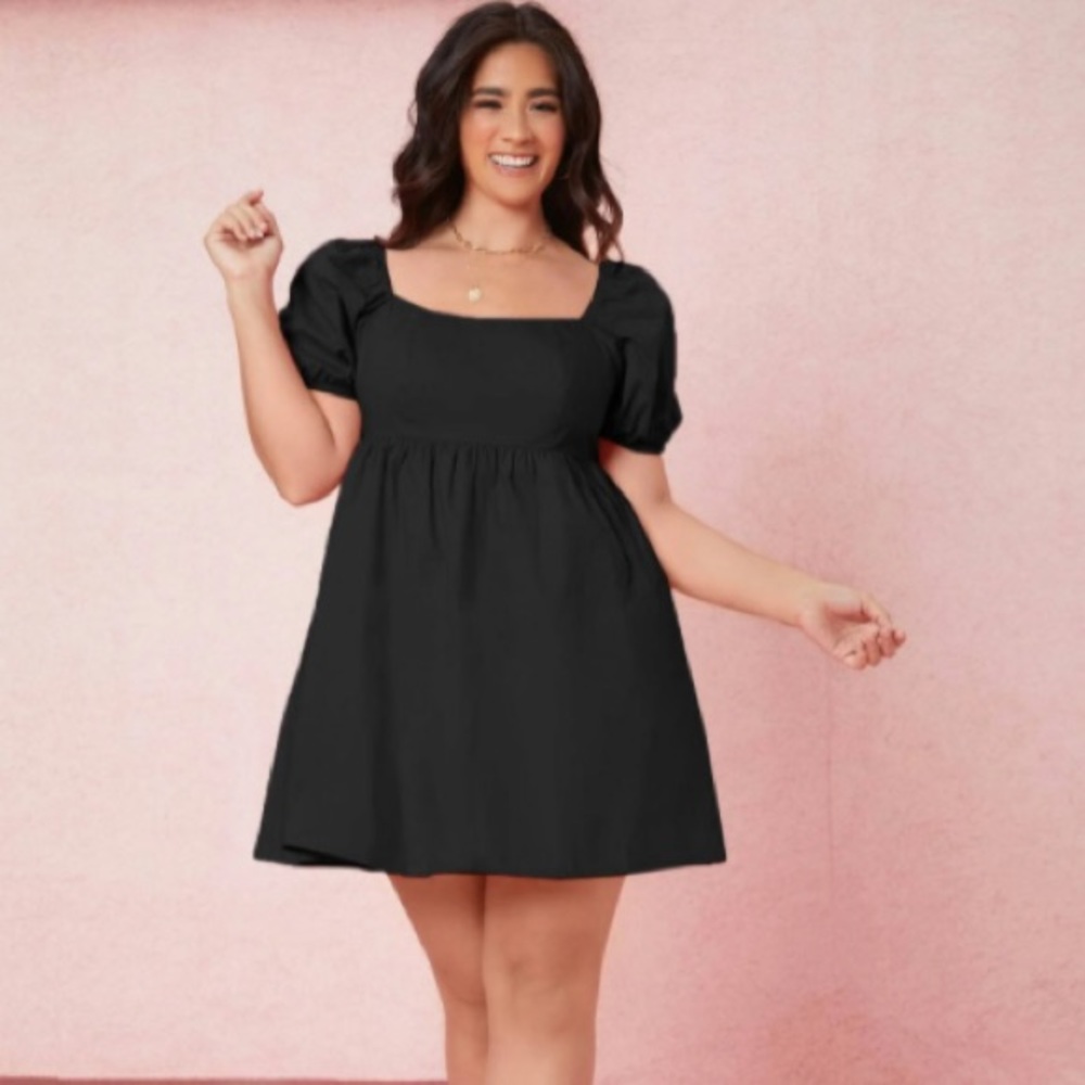 Shein Plus Puff Sleeve Solid Dress Black 2XL
